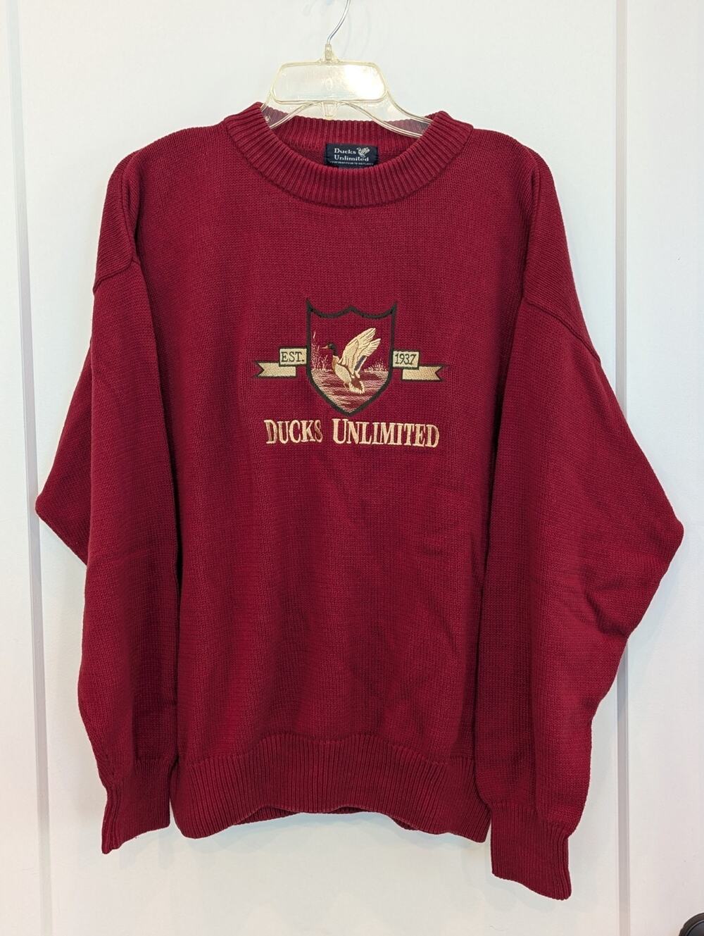 Vtg Ducks Unlimited Mens L Red Sweater Logo Embroidery Hunting Casual Preppy
